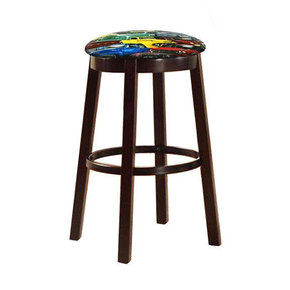 The Furniture King Bar Stool 24" Tall Wood Dark Brown Espresso Kitchen Game Room Swivel Seat Stool Featuring the Choice of Your Favorite Novelty Theme Fabric Covered Seat Cushion (Ford Trucks)