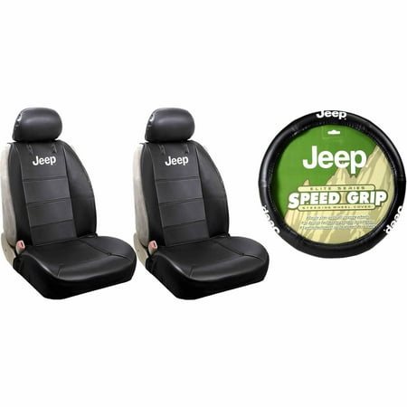 2 Black Synthetic Leather Sideless Seat Covers & Black Steering Wheel Cover Set Car Truck SUV for Jeep