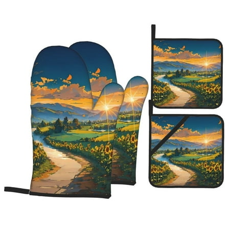 

Oven Mitts and Pot Holders Sets 4 pcs - Sunflowers At Sunset Heat Resistant Silicone Oven Gloves with Non-Slip Silicone Surface and hot pads for kitchen Baking Cooking BBQ