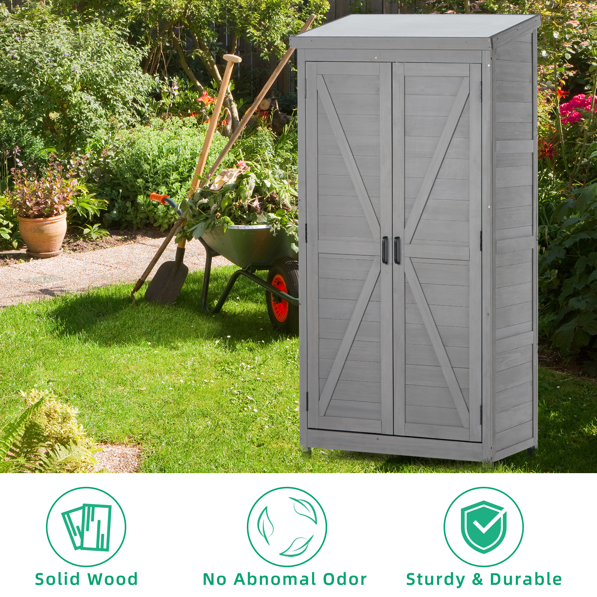 Outdoor Storage Cabinet and Metal Top, Garden Storage Shed Outdoor 68 Inches Wood Tall Shed for Yard, Gray