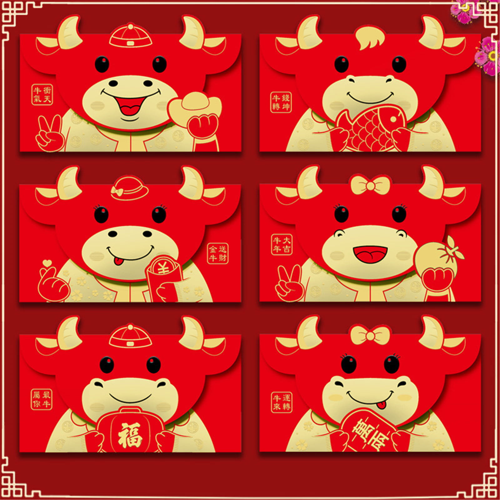 LN_ 6Pcs 2021 New Year Red Envelopes Gift Cow Money Bag Chinese Lucky Money Ba 