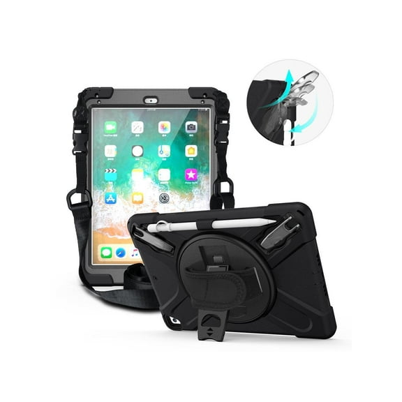 Shockproof Case for iPad 9.7 inch 2017 2018 iPad Air 2 2017 iPad Pro 9.7 2016 with Rotating Kickstand Hand Strap Pencil Holder and Shoulder Strap
