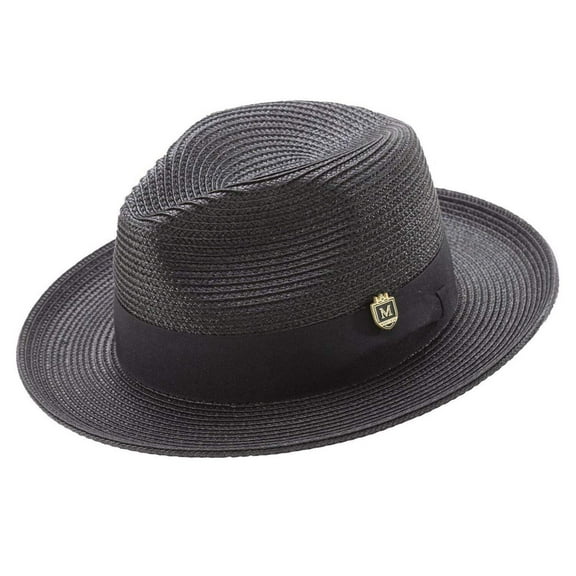 Men's Braided Wide Brim Pinch Fedora Matching Grosgrain Ribbon Hat in Black H-42