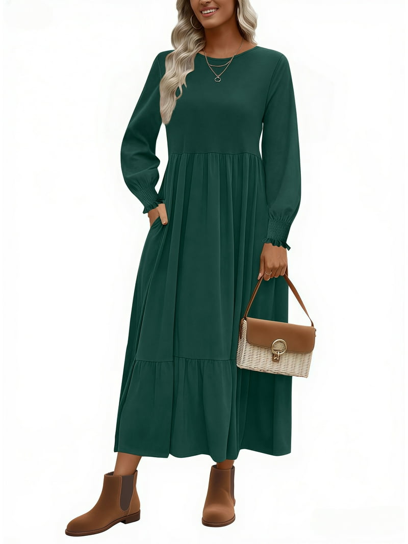 uvn fall long dress walmart Uvn Fall Long Dress for Women Crewneck Casual Long Sleeve Pleated Dresses with Pockets, Women's, Size: 2XL, Green