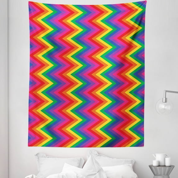 Geometric Tapestry, Rainbow Zig Zag Vertical Chevron Pattern Geometric Striped Repeat Vibrant Colors, Fabric Wall Hanging Decor for Bedroom Living Room Dorm, 5 Sizes, Multicolor, by Ambesonne