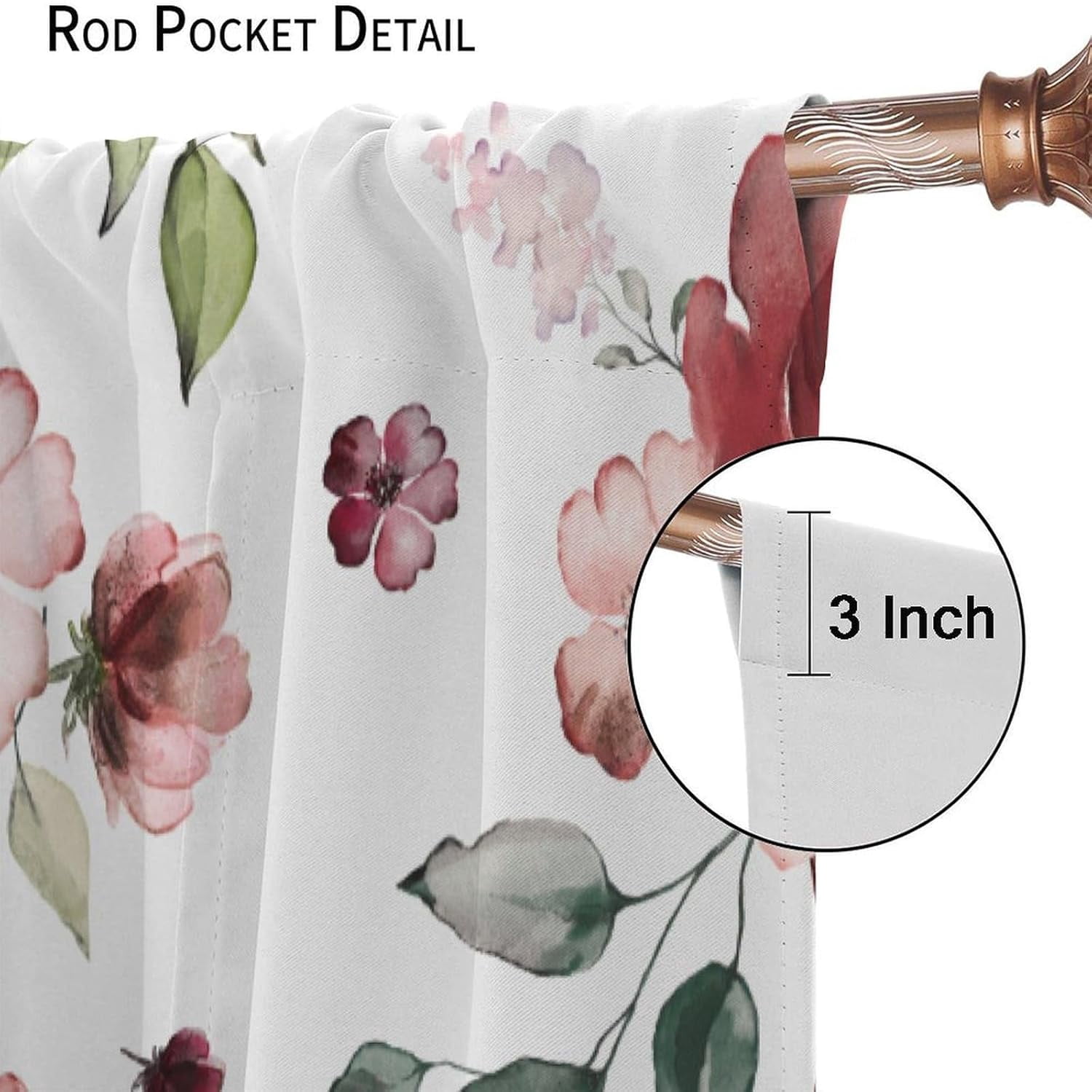 Pink Floral Curtains Rustic Watercolor Flower Leaves Natural Pattern Blackout Print Rod Pocket Window Drapes for Bedroom Living Room 42x63in