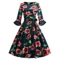 thumbnail image 1 of Uhndy Ladies O-Neck Sleeve Long Sleeve Flower Print Big Swing Lace Dress Red XXL, 1 of 6