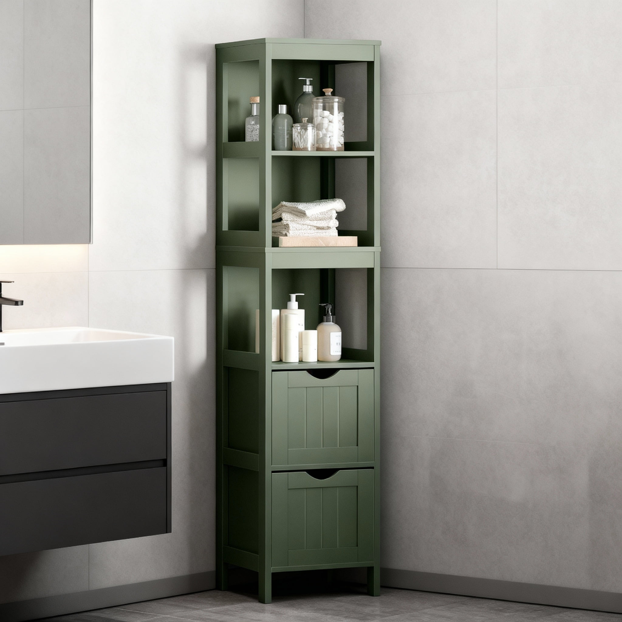 LEDREM Storage Cabinet with 2 Drawers and Open Shelf, Multifunctional Freestanding Corner Storage Rack for Bathroom, Living Room, Bedroom, Forest Green