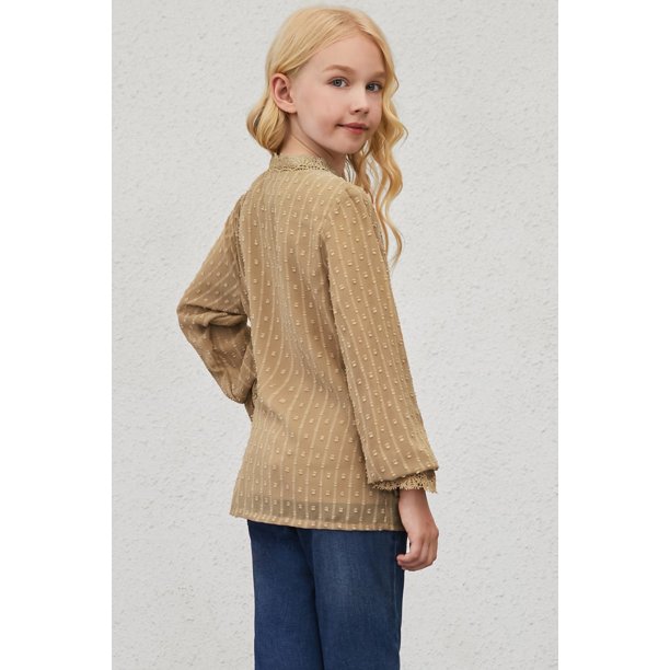 ABPHQTO Camisa con ribete de ganchillo con patrón de puntos suizos para niñas pequeñas de color caqui para mujer