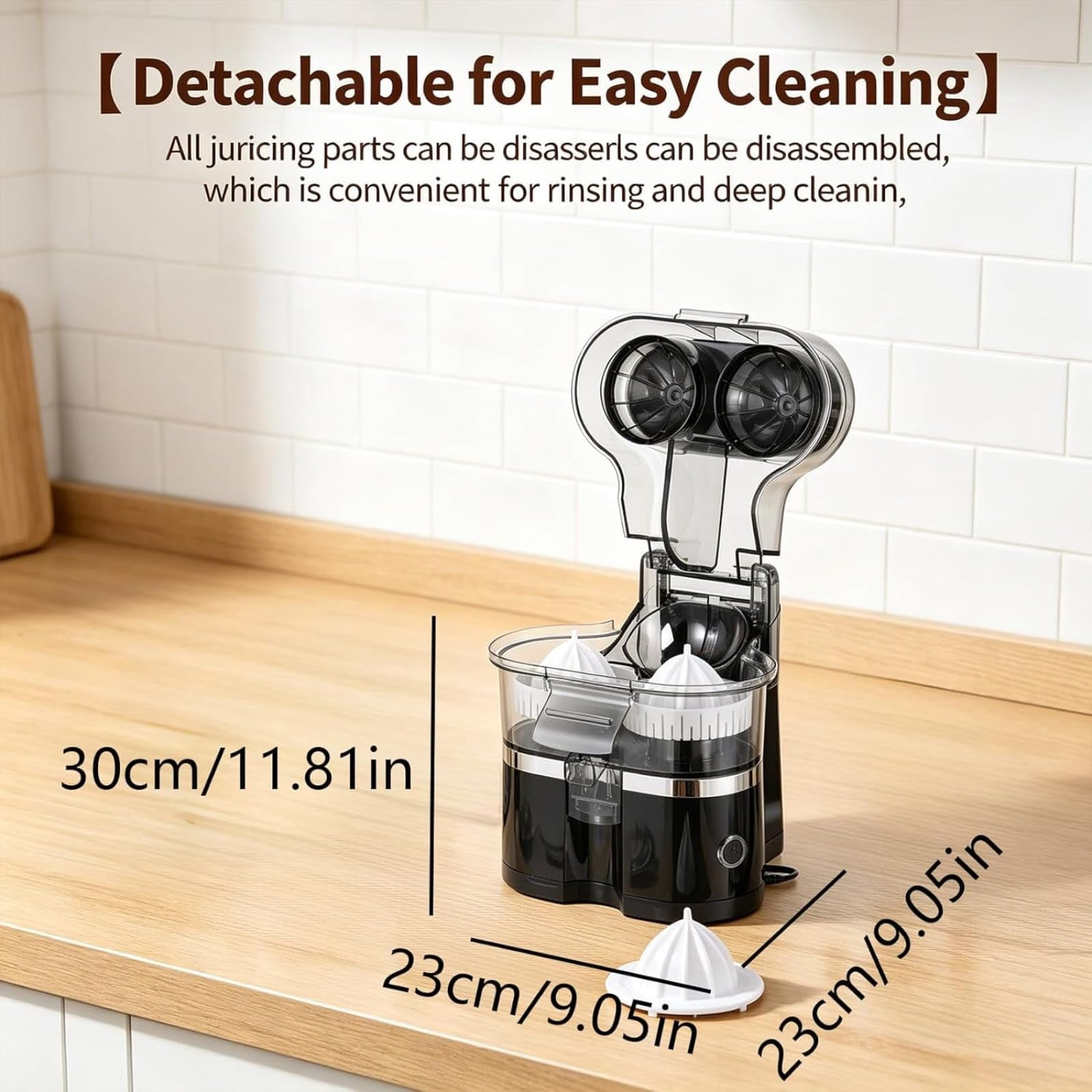 Dual-Head Automatic Citrus Juicer, Electric Orange Juicer Machine with Built-in Cutter and Cleaning Brush, One-Touch Juicing for Orange, Lemon, Lime, Detachable, Easy to Clean