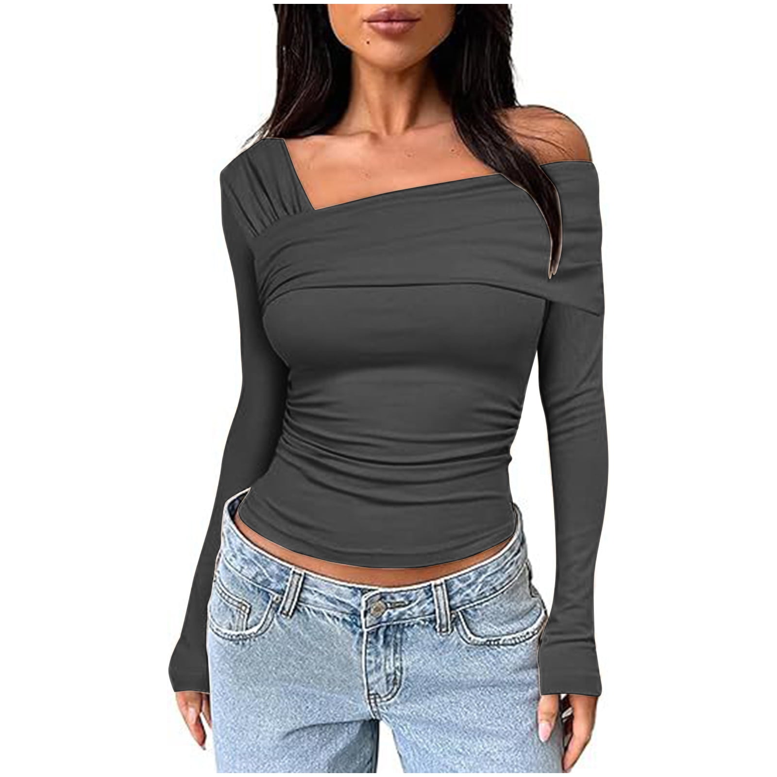 トップス diante OFF SHOULDER VOLUME SHIRTS Women's Shirt One Off Shoulder Long Sleeve T-shirt Solid