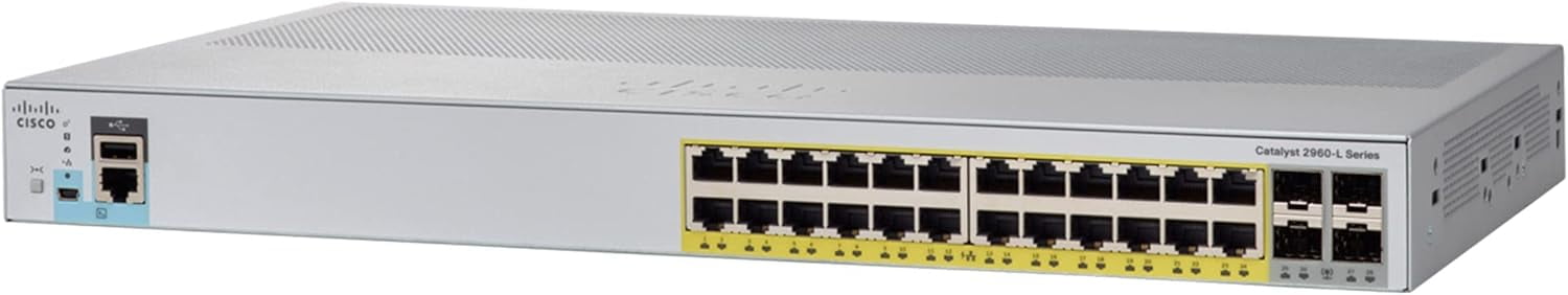 Restored Cisco Catalyst V01 24-Port Ethernet Switch, PoE, Layer 2 Smart Managed P/N: WS-C2960L-24PS-LL (Refurbished)