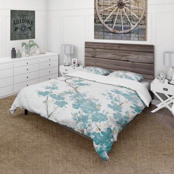 Designart 'Teal Cherry Blossoms II' Farmhouse Duvet Cover Set
