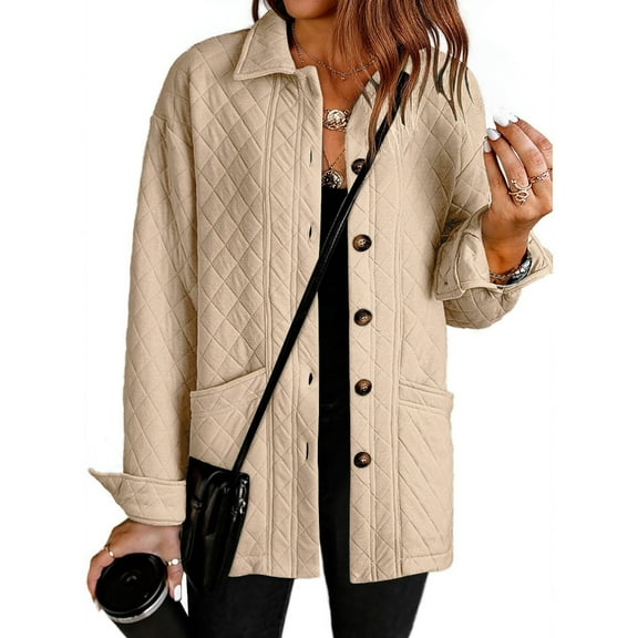 Casual Quilted Jackets for Women Button Down Collared Long Sleeve Shirts Fall Jackets with Pockets
