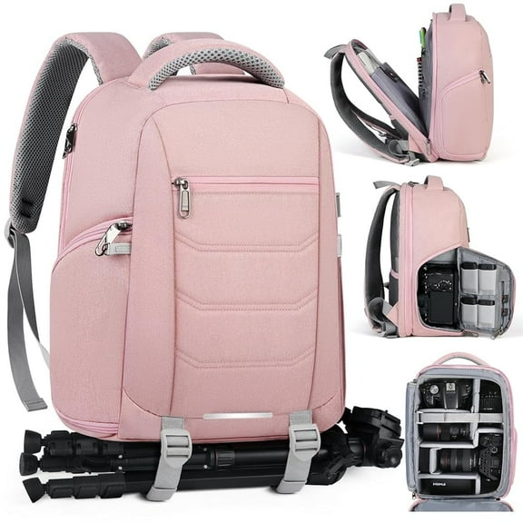 SDYSM Camera Bag Backpack Professional for DSLR SLR Mirrorless Camera Waterproof Laptop Back Pack 14 Inch with Rain Cover Anti Theft Travel Case Large Capacity Photography Backpack Pink