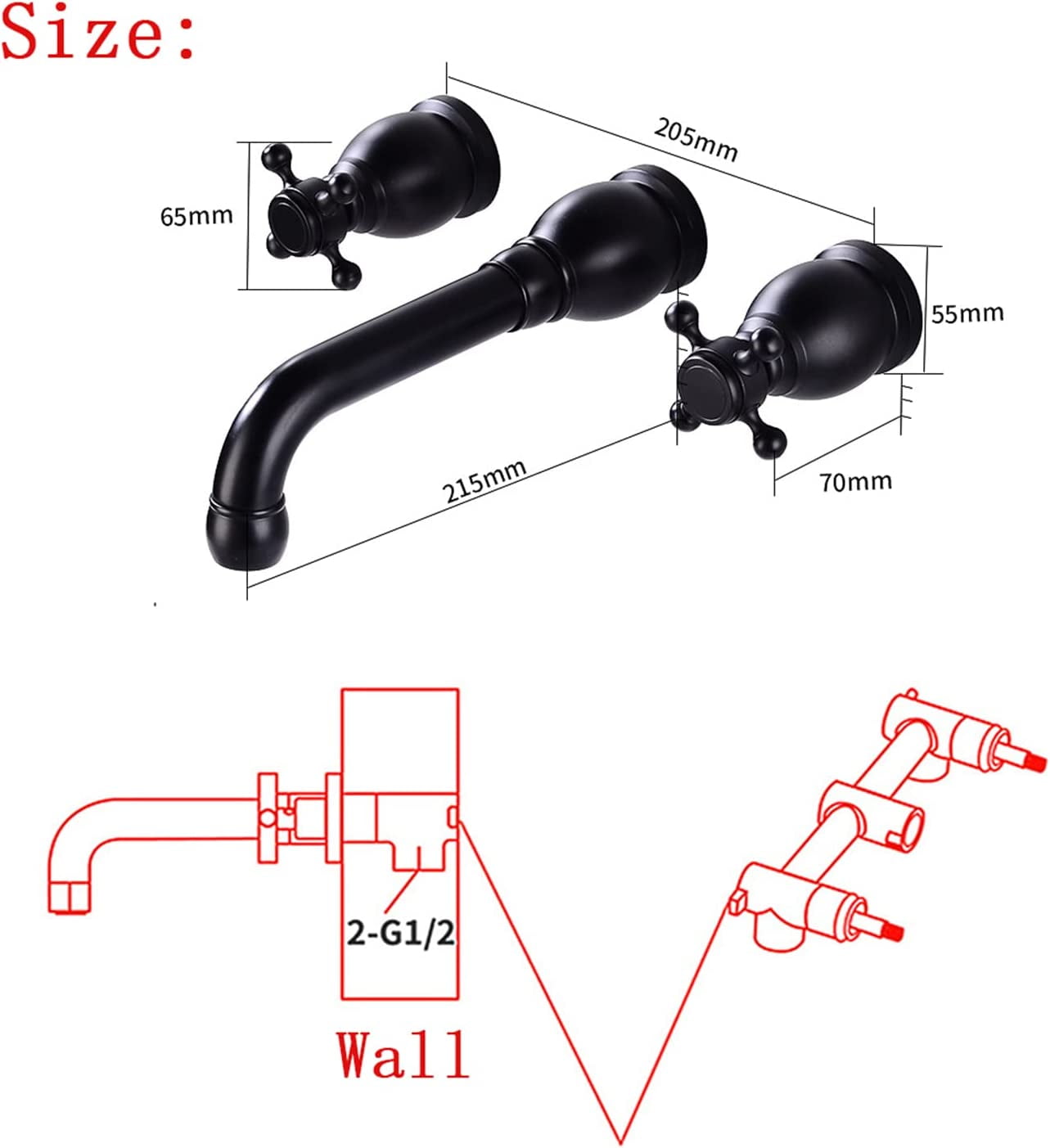 Wall Mounted Bathroom Sink Faucet Black,Hot and Cold Sink Mixer Tap Faucet,360 °Swivel Spout,Double Handle Wall Mount Brass Basin Mixer,A-Split