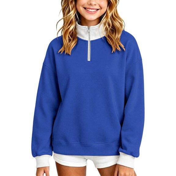 SGMVNU Girls' Zip Neck Hoodie for Little Girls – Cozy Kids' Casual Sweatshirt with Stand Up Collar Lightweight Winter Layer Blue 9-10 Years