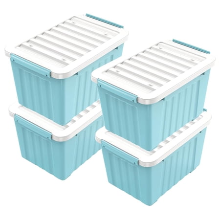 Exlonjet 97 Quart Plastic Storage Bin Blue Stackable and Nestable Storage Boxes with White Lids and Secure Latching Buckles Large Storage Container 97 Qt-4 Pack (Blue 97Quart-4Pack)