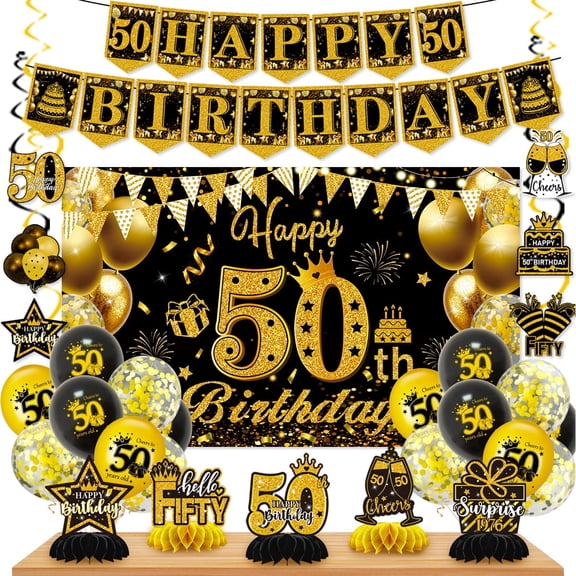 50th Birthday Decorations Set, Black Gold Happy Party Supplies with Banner Balloons Backdrop Hanging Swirls and Honeycomb Centerpieces