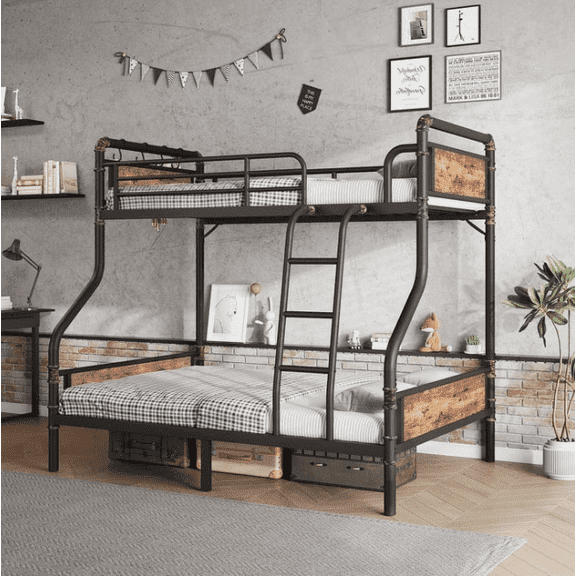 Twin over Full Bunk Bed, Antique Heavy Duty Metal Bed Frame with Storage Bag&Hooks for Adults Teens, Convertible into 2 Seperate Beds, Black&Brown