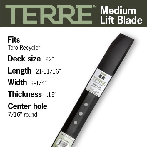 Terre Products, Single Medium Lift Lawn Mower Blade, 22 Inch Deck, Compatible with Toro Recycler, Replacement for 104-8697-03, 108-9764-03