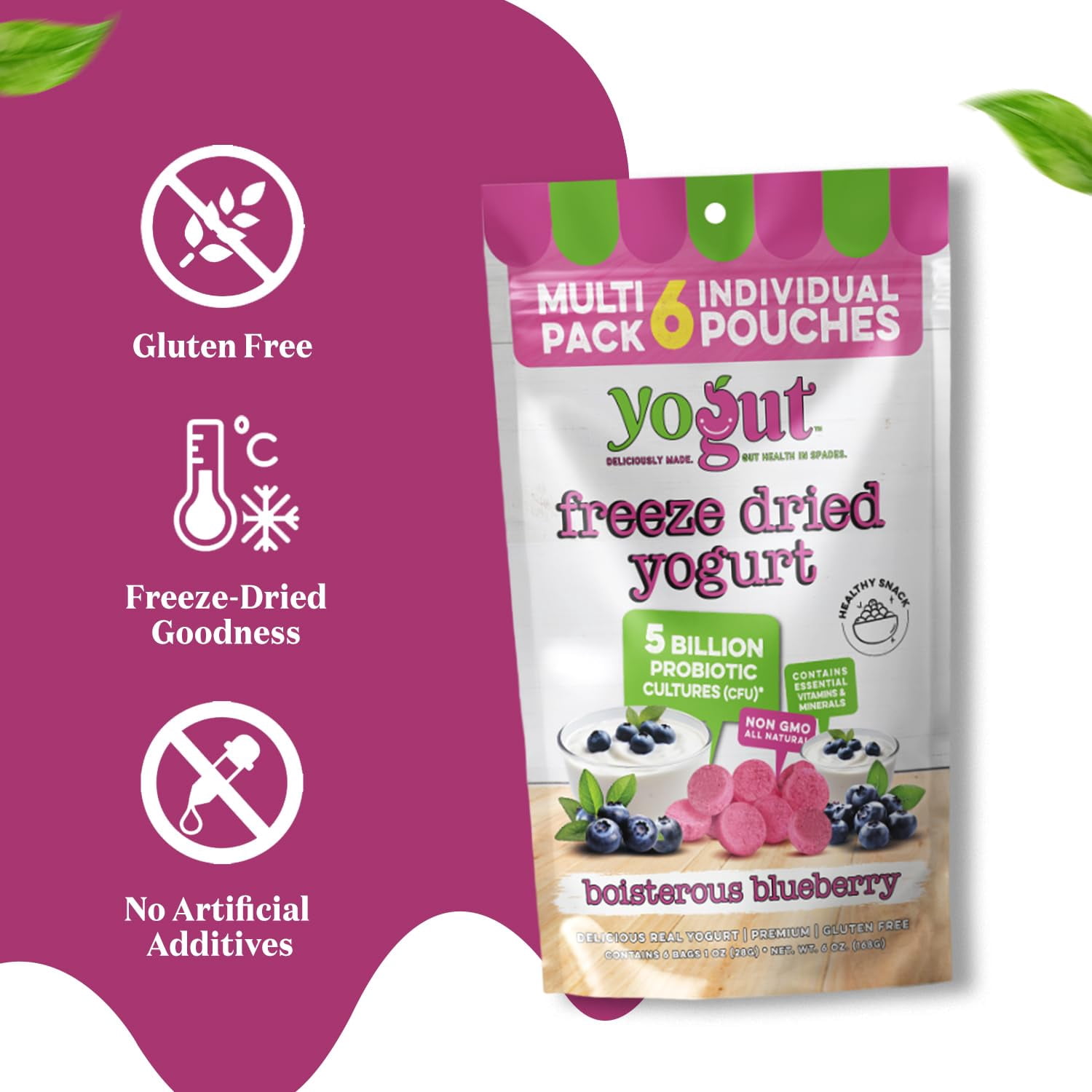 YoGut Freeze-Dried Blueberry Yogurt Smoothie & Melts Snack, 6Pk, Healthy Snacks for Kids, Toddlers & Adults, Gluten-Free, Non-GMO, with 5 Billion Probiotic Cultures, Vitamins & Minerals, Individual S