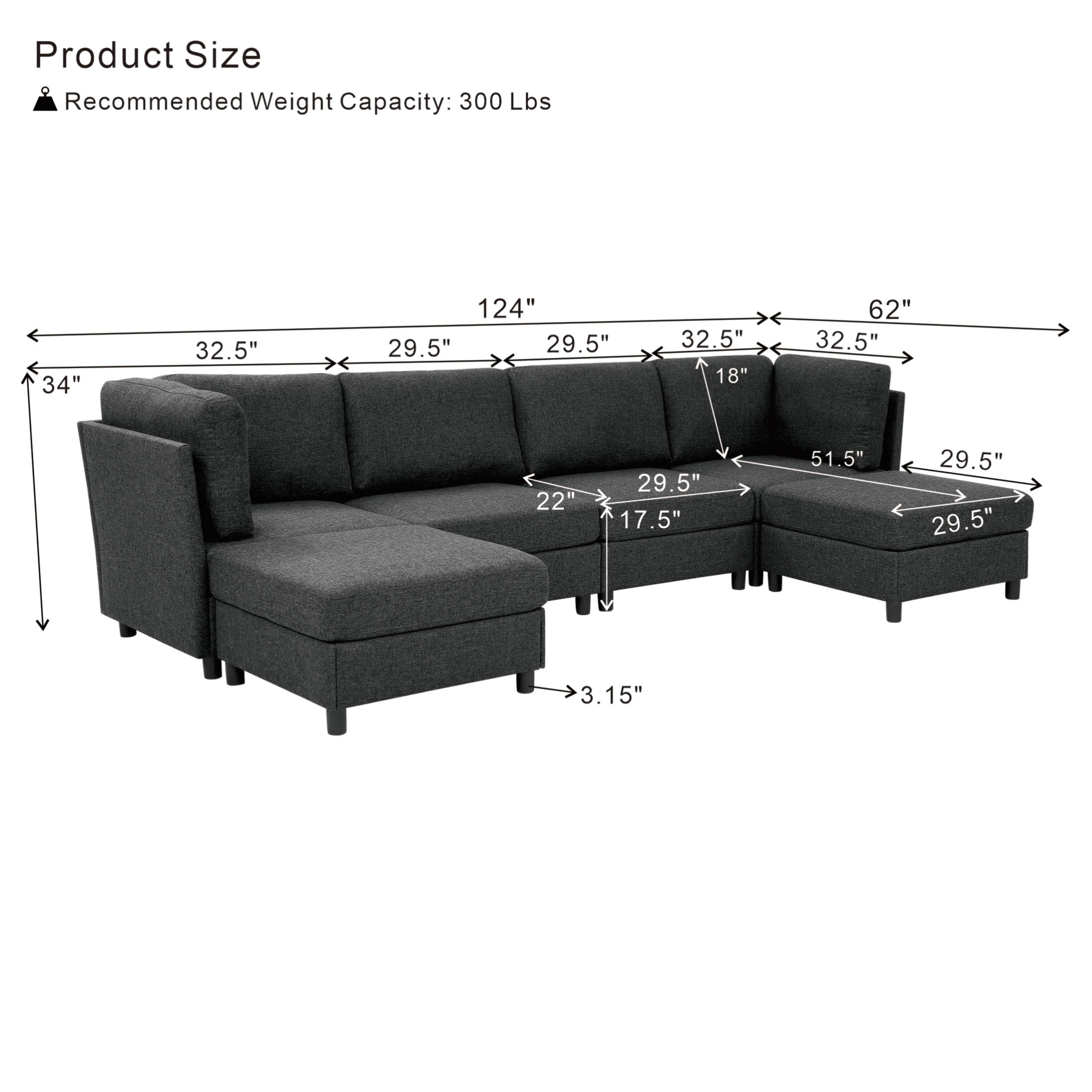 Noble House Modern 6-Seat Modular Sectional Sofa with Convertible Ottoman, Dark Gray