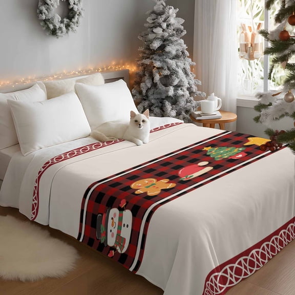 Throw Blanket Fleece Throw Blanket 50x60in, Winter Snowman Xmas Tree Star Soft Lightweight Bed Blankets Christmas Theme Buffalo Plaid Fuzzy Couch Blankets for All Season