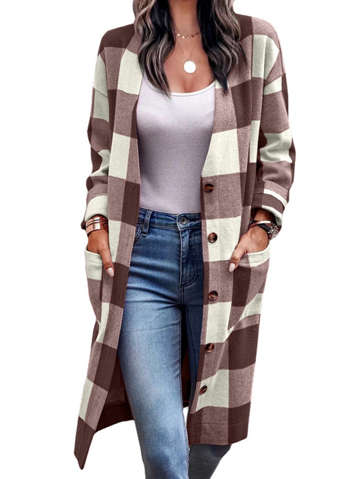 Capreze Women Long Flannel Plaid Jacket Button Down Shirt Shacket