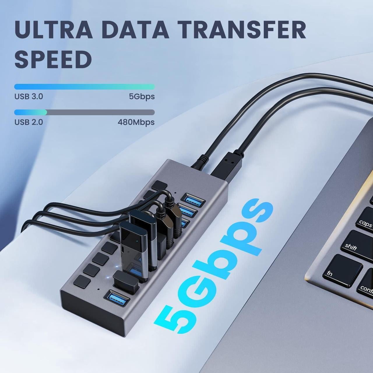 48W Powered USB Hub - 10 Ports USB 3.0 Data Hub - with Individual On/Off Switches and 12V/4A Power Adapter USB Hub 3.0 Splitter for Laptop, PC, Computer, Mobile HDD, Flash Drive
