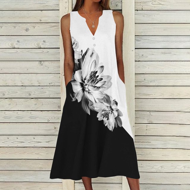 Estbridge Robes d'Été pour Femmes Décontractées Plissées Amples Évasées Midi pour Femmes Imprimé Floral Longueur Genou Grande Taille Robe Col Ras du Cou Manches Courtes Robe d'Invitée de Mariage Économies d'Été Liquidation