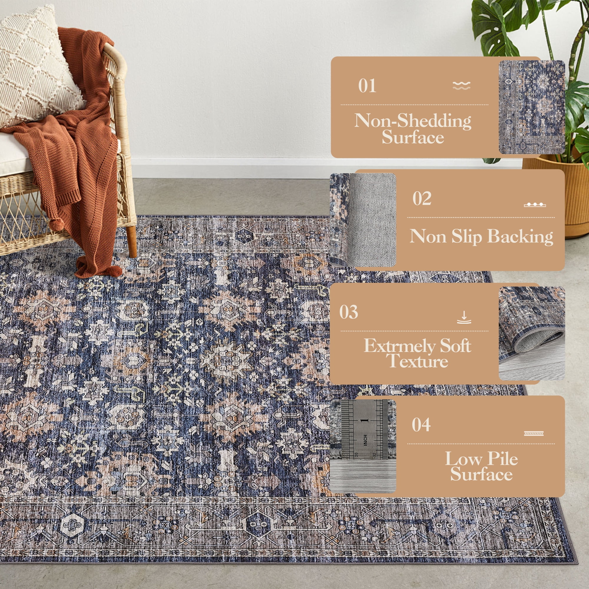 FairOnly 9'x12' Blue Boho Floral Area Rugs for Living Room Low Pile Non Shedding Rugs for Family Room Nursery Carpet