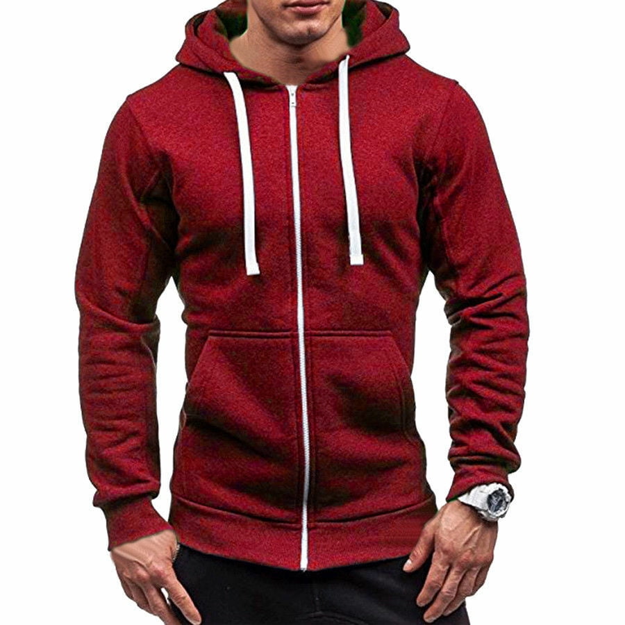 Men's Solid Color Zip Up Fleece Hoodie Classic Winter Warm