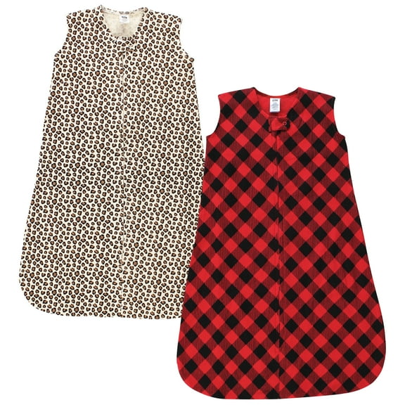 Hudson Baby Infant Girl Thermal Sleeveless Sleeping Bag 2pk, Buffalo Plaid Leopard, 0-6 Months