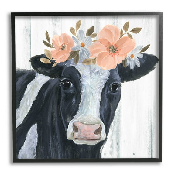 Pink Blossoms Cow Portrait Animals & Insects Graphic Art Black Framed Art Print Wall Art