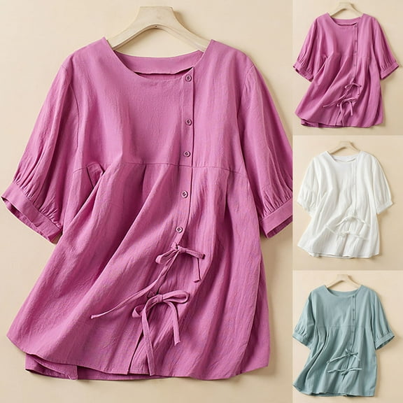 Olyvenn Women's Cotton Linen Peplum Tunic Shirts Puff Short Sleeve Babydoll Tops Casual Lace Up Button Down Blouse for Women Blue 8