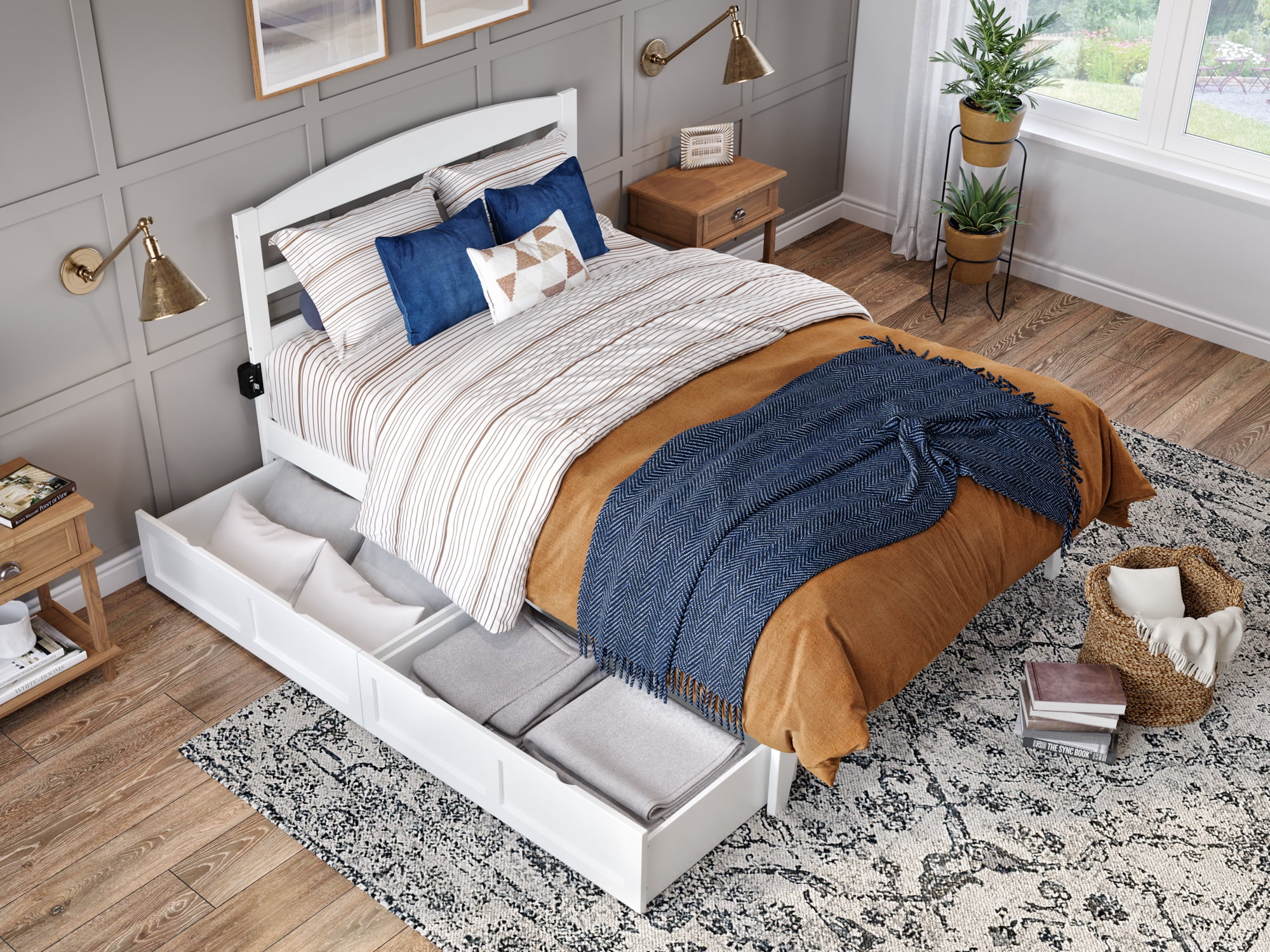 AFI Warren 14" Full Wood Platform Bed Frame with Set of 2 Storage Drawers, White