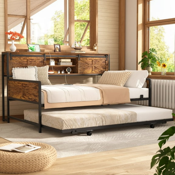 Aheaplus Twin Size Daybed with Pop-Up Trundle & Storage Headboard, Heavy Duty Metal Sofa Bed Frame Featuring USB Charging Station for Living Room, Bedroom, and Guest Room,Rustic Brown