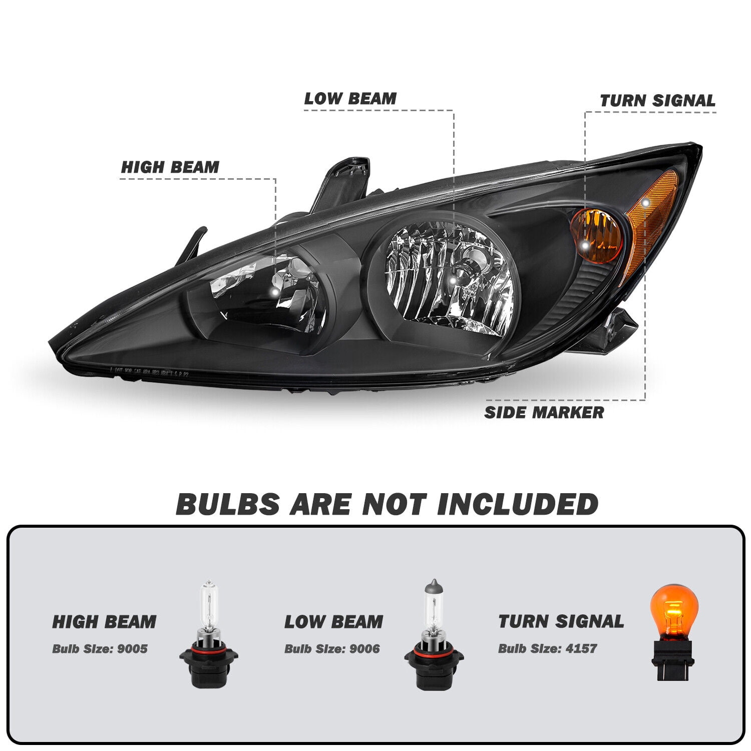 Headlights Assembly for 2002 2003 2004 Toyota Camry Sedan LE SE XLE Black Amber