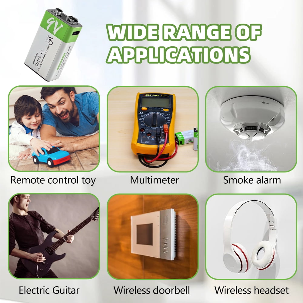 USB 9V Rechargeable Battery 650 mAh Capacity,Square Lithium 9 Vlot Batteries with Type C Port Cable 2 Pack