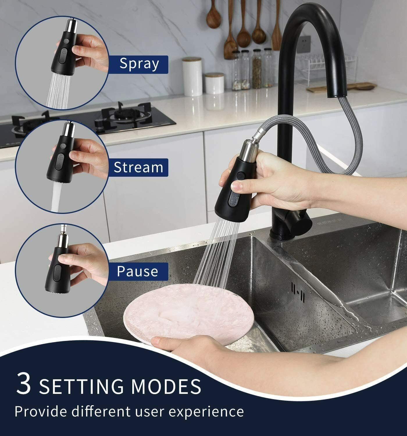 Black Sensor Touch Kitchen Sink Faucet Pull Out Sprayer Mixer Tap