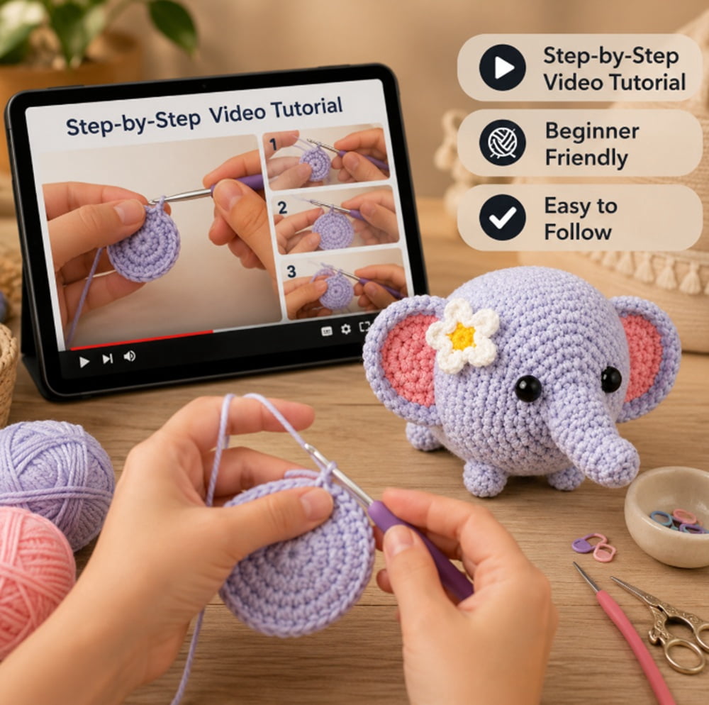 Elephant Crochet Kit for Beginners, 1 Pack Amigurumi Starter Set with Step by Step Video Tutorial, TIKA