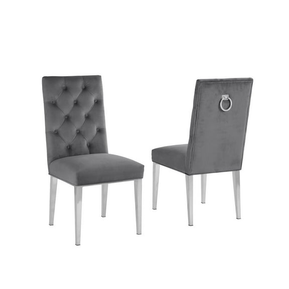 Velvet Tufted Side Chairs in Dark Gray with Silver Chrome Legs (Set of 2)