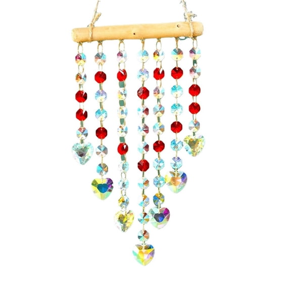SUYOLL Sun Catcher Wooden Stick Crystal Beaded Hanging Wind Chime Ornament With Heart Pendants For Window Home Wall