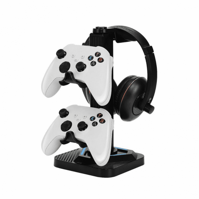 Universal Gaming Controller Stand with Headset Holder, RGB Lighting & USB Hub Ports, Rotatable Mount Compatible with PS5/Xbox/Switch - 4 Controllers & Headset Organizer