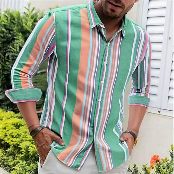 Yusimy Men's Striped Casual Shirt Loose Fit Long Sleeve Button Down Collar Classic Style