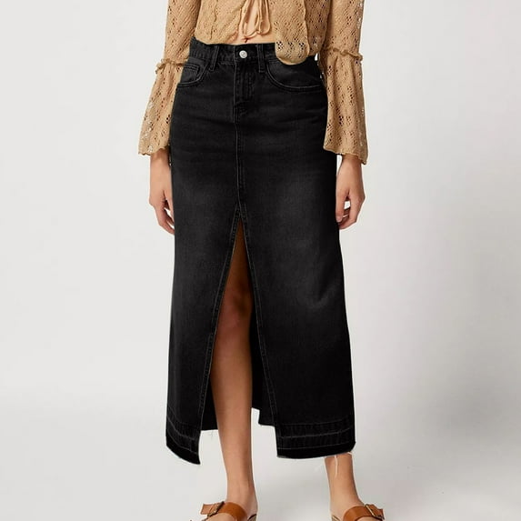 qolati Women's Casual Denim Skirt Trendy High Waist Split Front Long Jean Skirts Classic Fit Y2k Streetwear Work Pencil Skirt