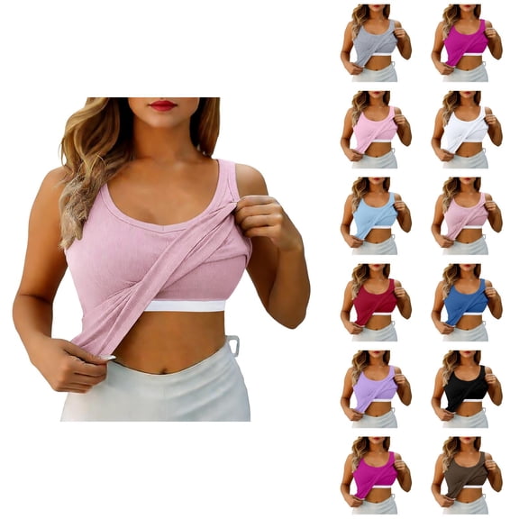 Womens Tank Tops with Built in Bras Stretchy Ribbed Scoop Neck Slim Fit Padded Sleeveless Shirt Basic Tanks