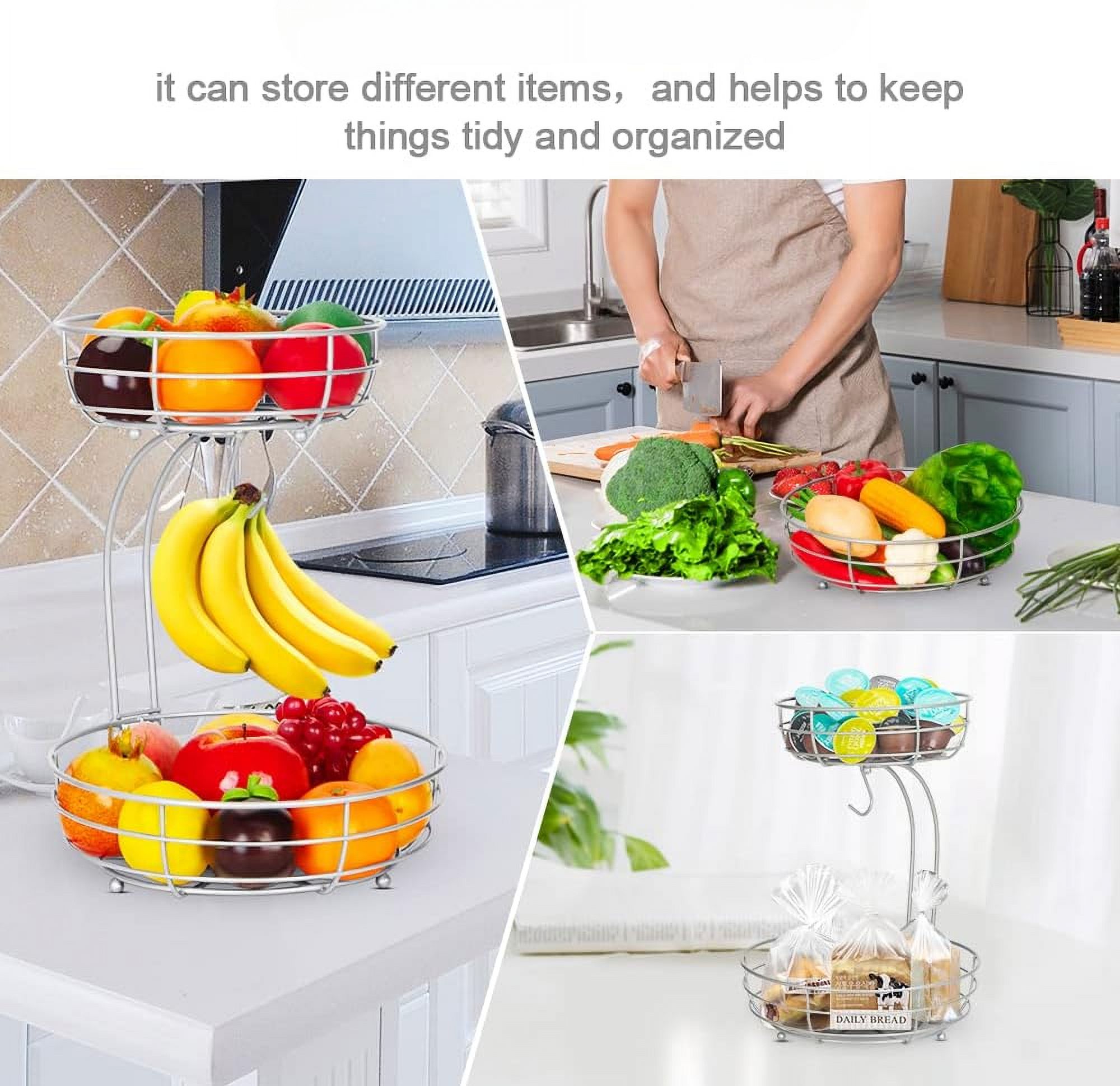 Iron 2-Tier Countertop Fruit Basket. Storage with Banana Hanger. Black, 64 Ounces. Stylish and Practical. Organize Your Fruits and Veggies. Durable Iron Construction.