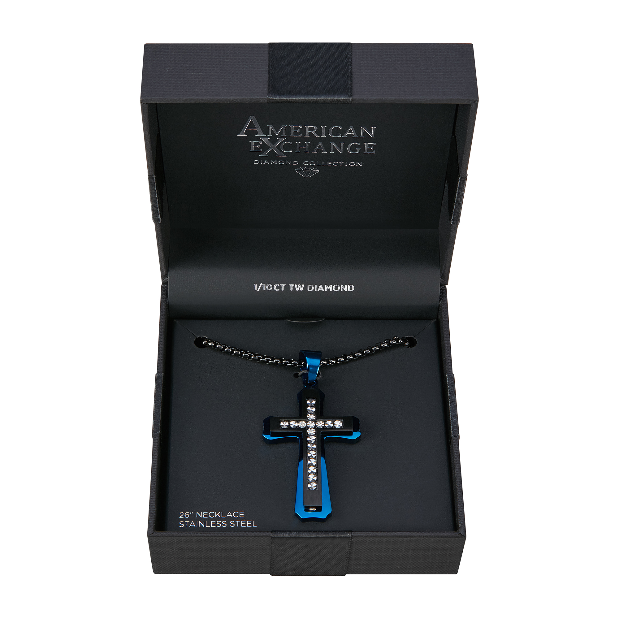 American Exchange Men's Diamond Stainless Steel Gunmetal/Blue Cross Pendant Necklace